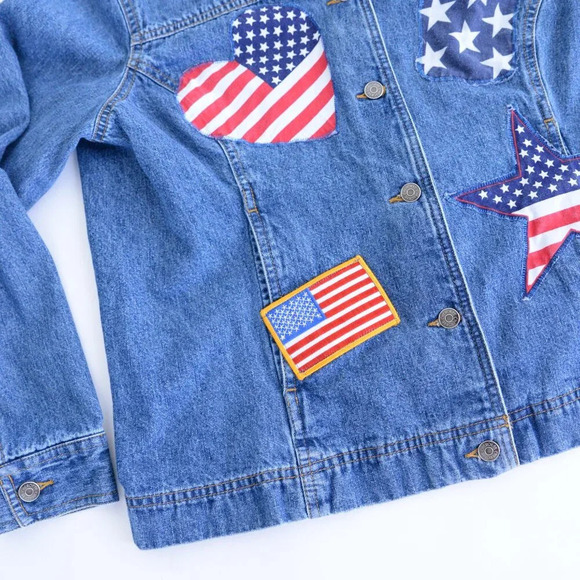 Vintage Cherokee Patriotic USA Flag Stars Blue Denim Button Up Jacket L - Picture 7 of 12